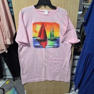 Santee Sailboat Graphic T-Shirt Dress/Beach Coverup Pocket Front‎ One Size